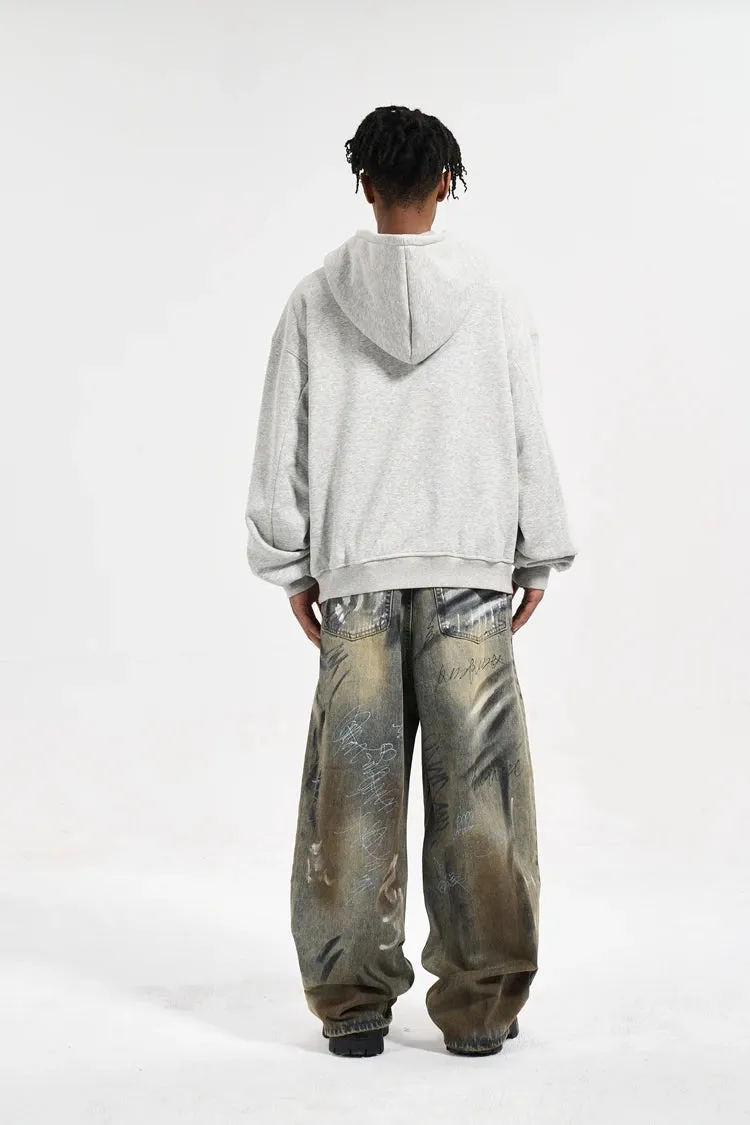 Graffiti Splatter Wide Leg Faded Denim Jeans
