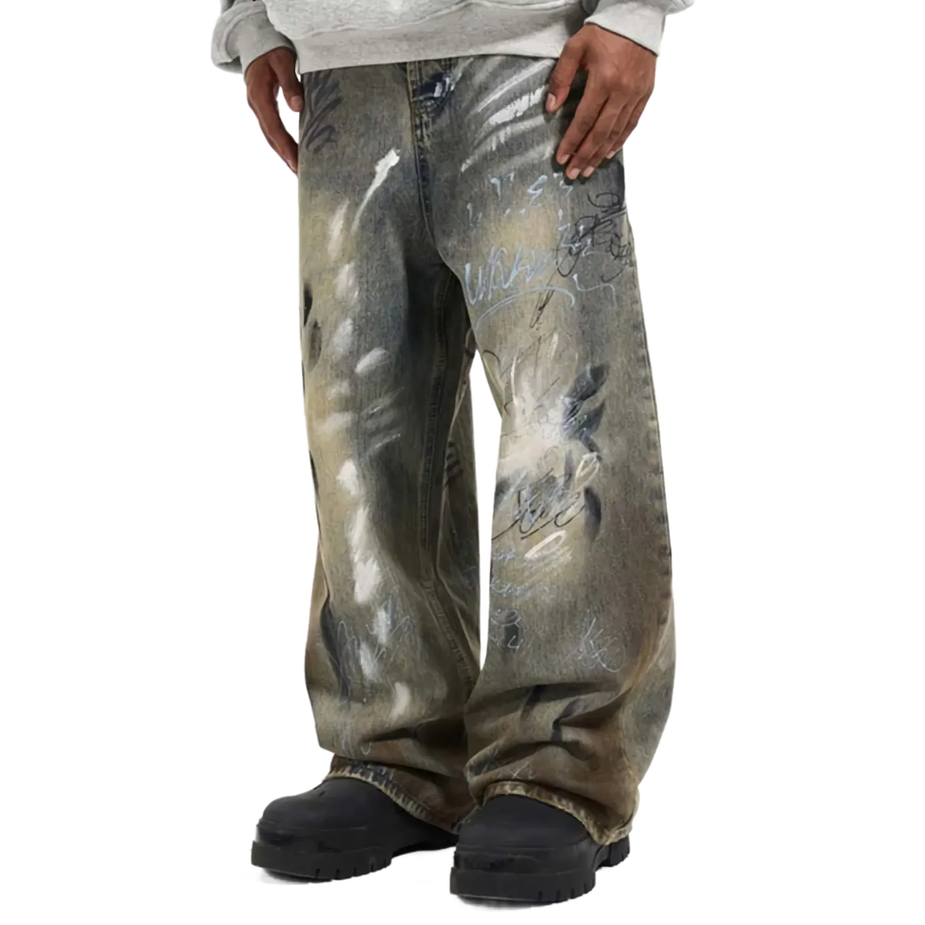 Graffiti Splatter Wide Leg Faded Denim Jeans