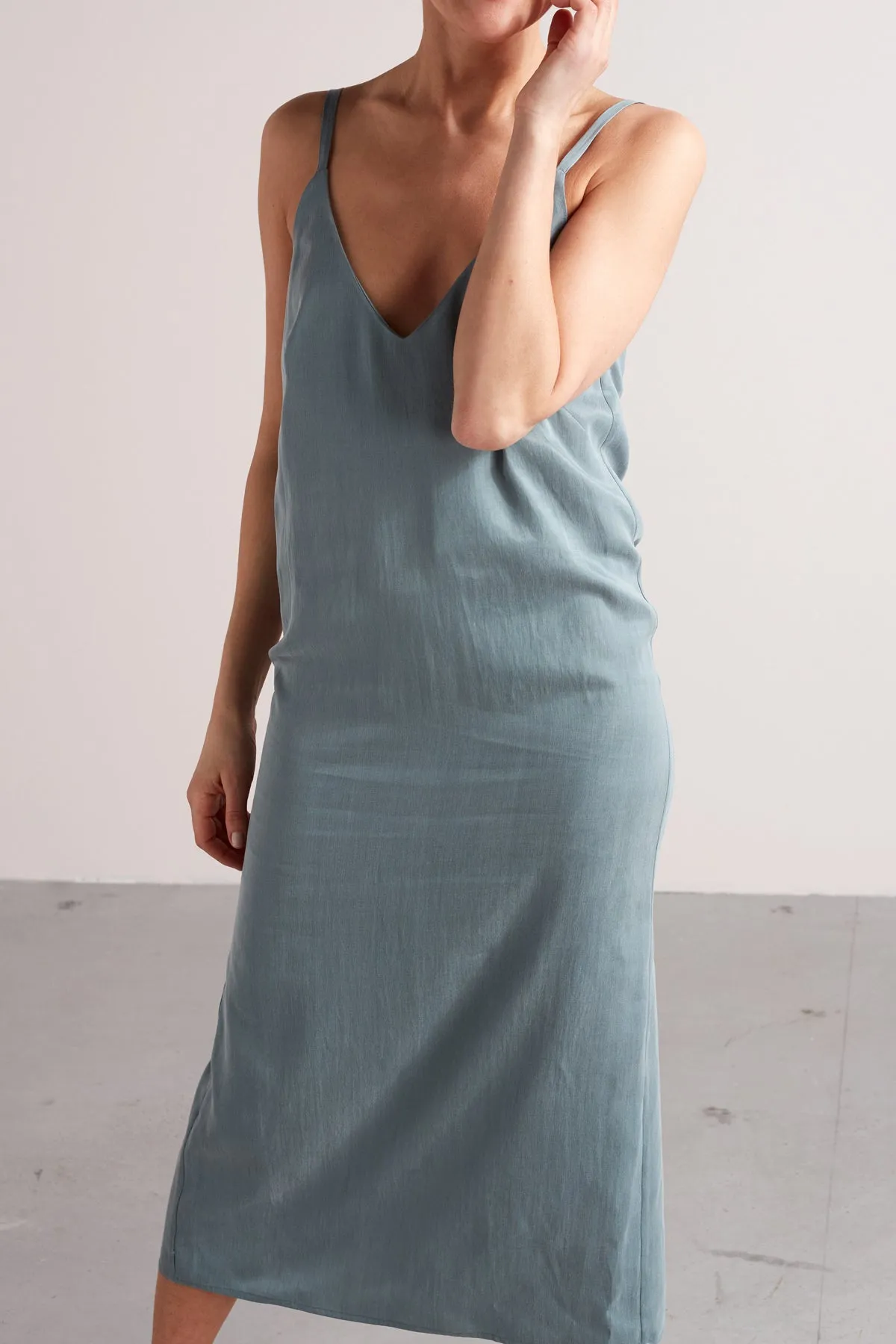 HANI cupro cotton midi slip dress in dusty blue