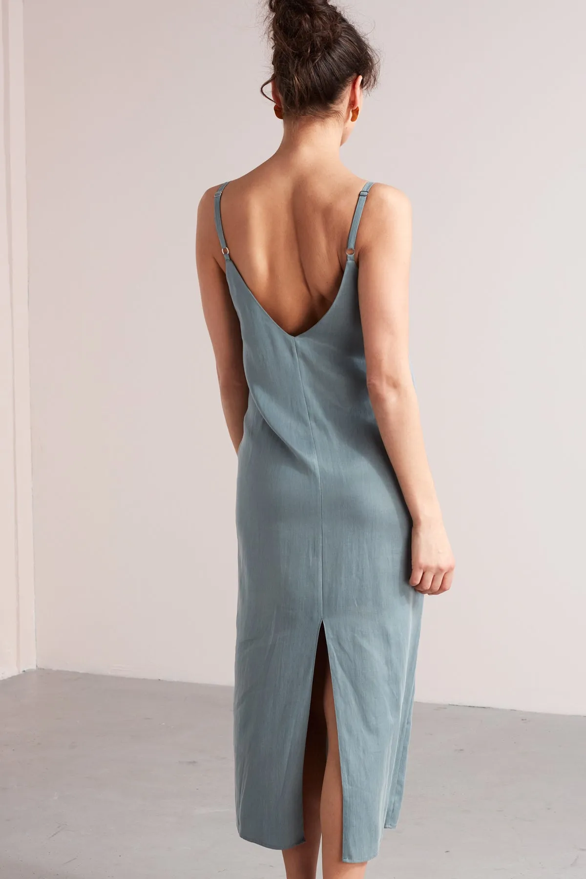 HANI cupro cotton midi slip dress in dusty blue