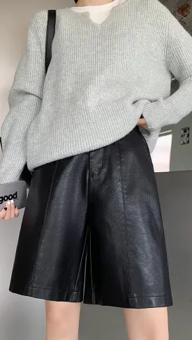 High Waist Loose Pocket Leather Shorts