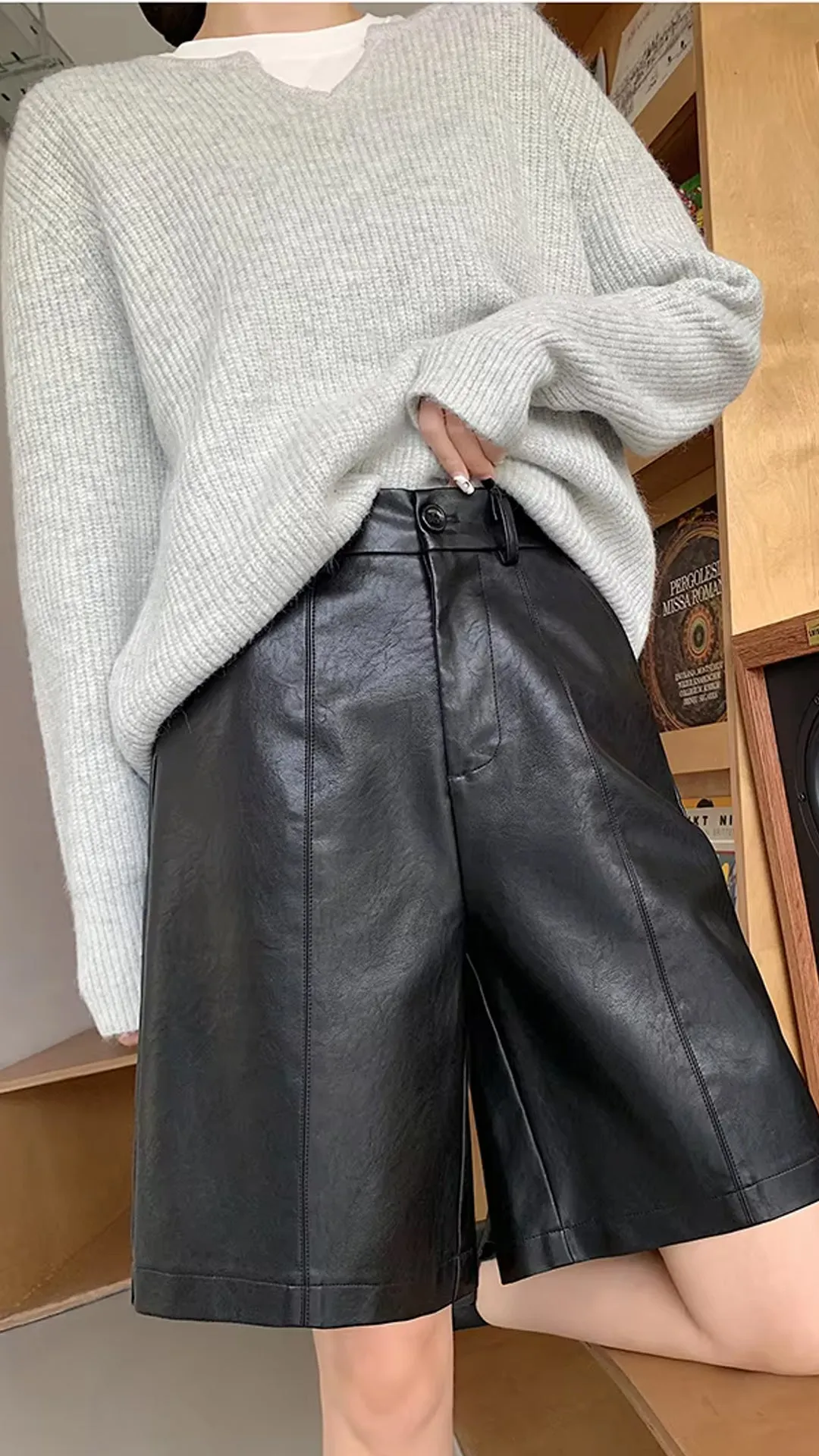 High Waist Loose Pocket Leather Shorts
