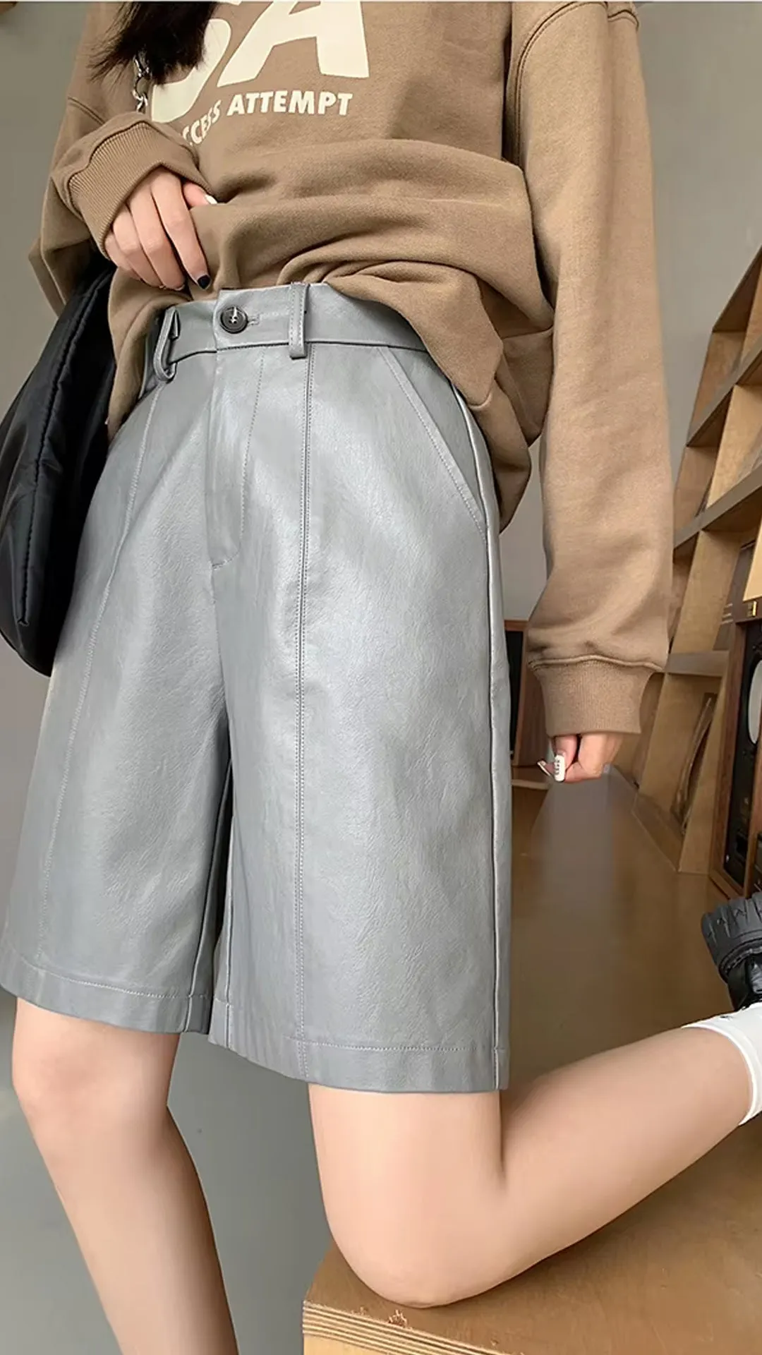 High Waist Loose Pocket Leather Shorts