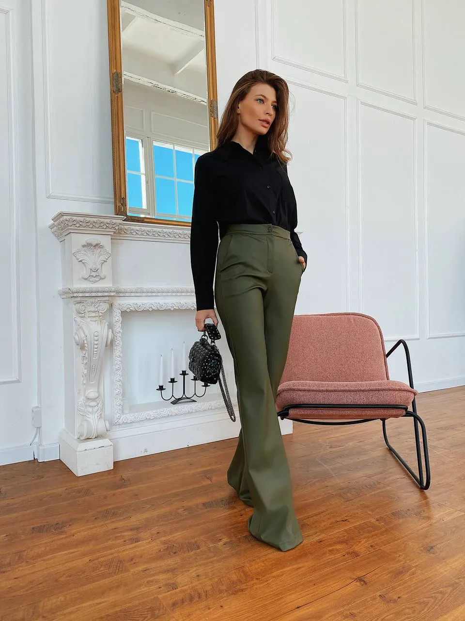 Khaki Vegan Leather Flare Pants