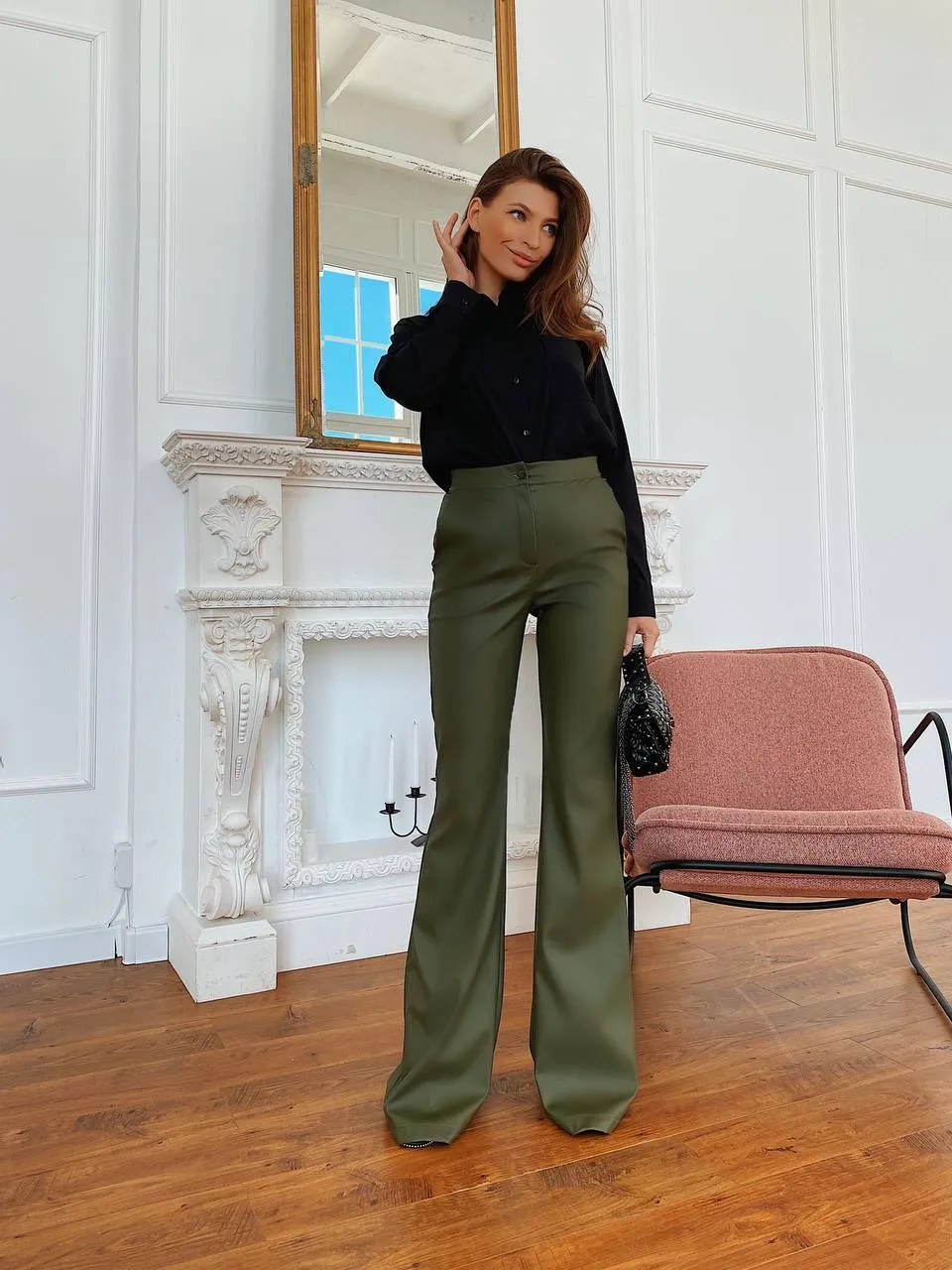 Khaki Vegan Leather Flare Pants