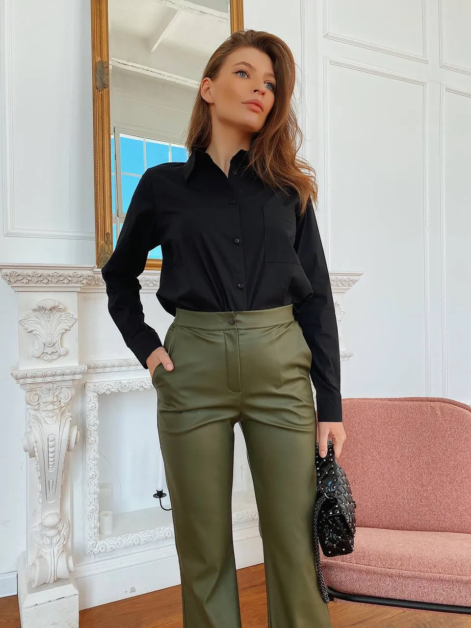 Khaki Vegan Leather Flare Pants