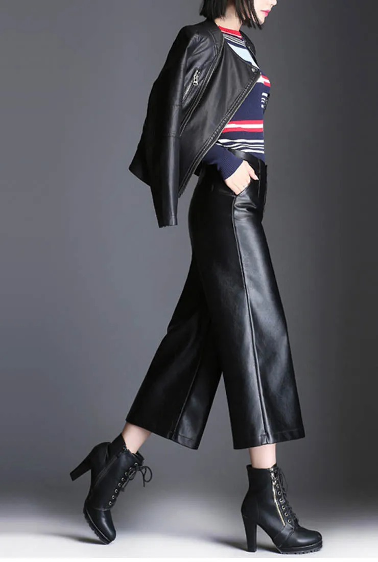 Loose Cropped Wide Leather Pants