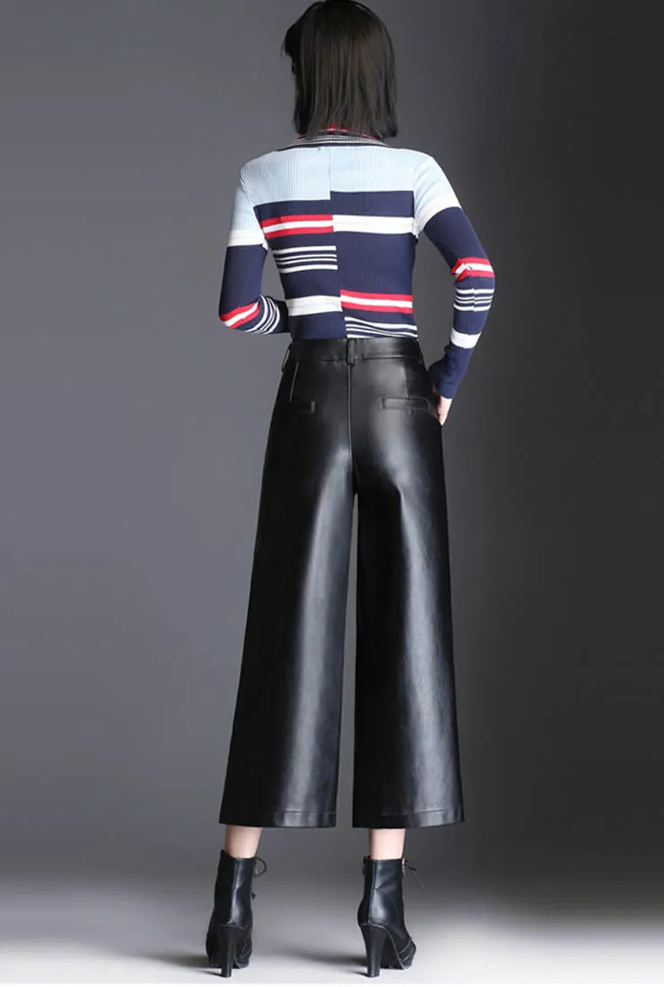 Loose Cropped Wide Leather Pants