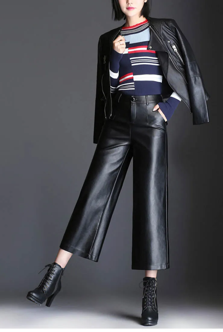 Loose Cropped Wide Leather Pants