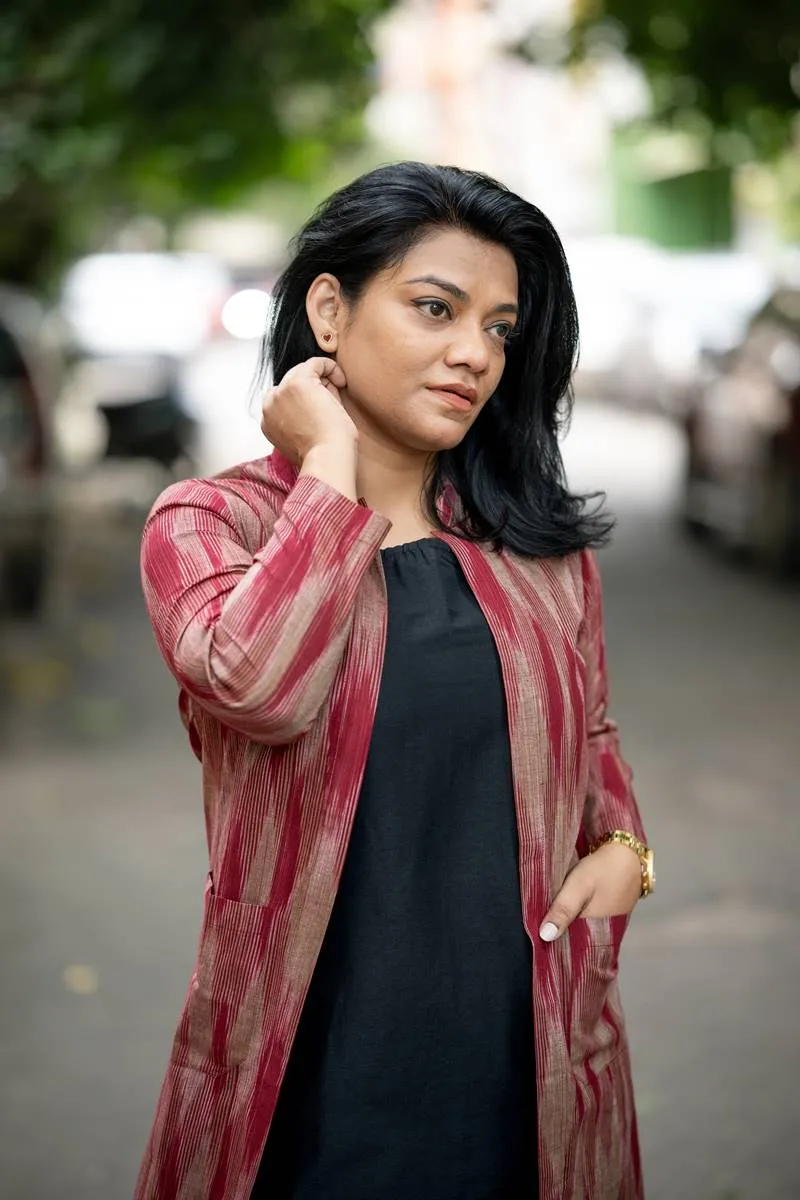 Maroon Handwoven Ikat Jacket and Black Silk  Set of Two Dresses