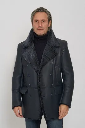 Men's Black Classic Faux Fur Style Leather Coat by TJS