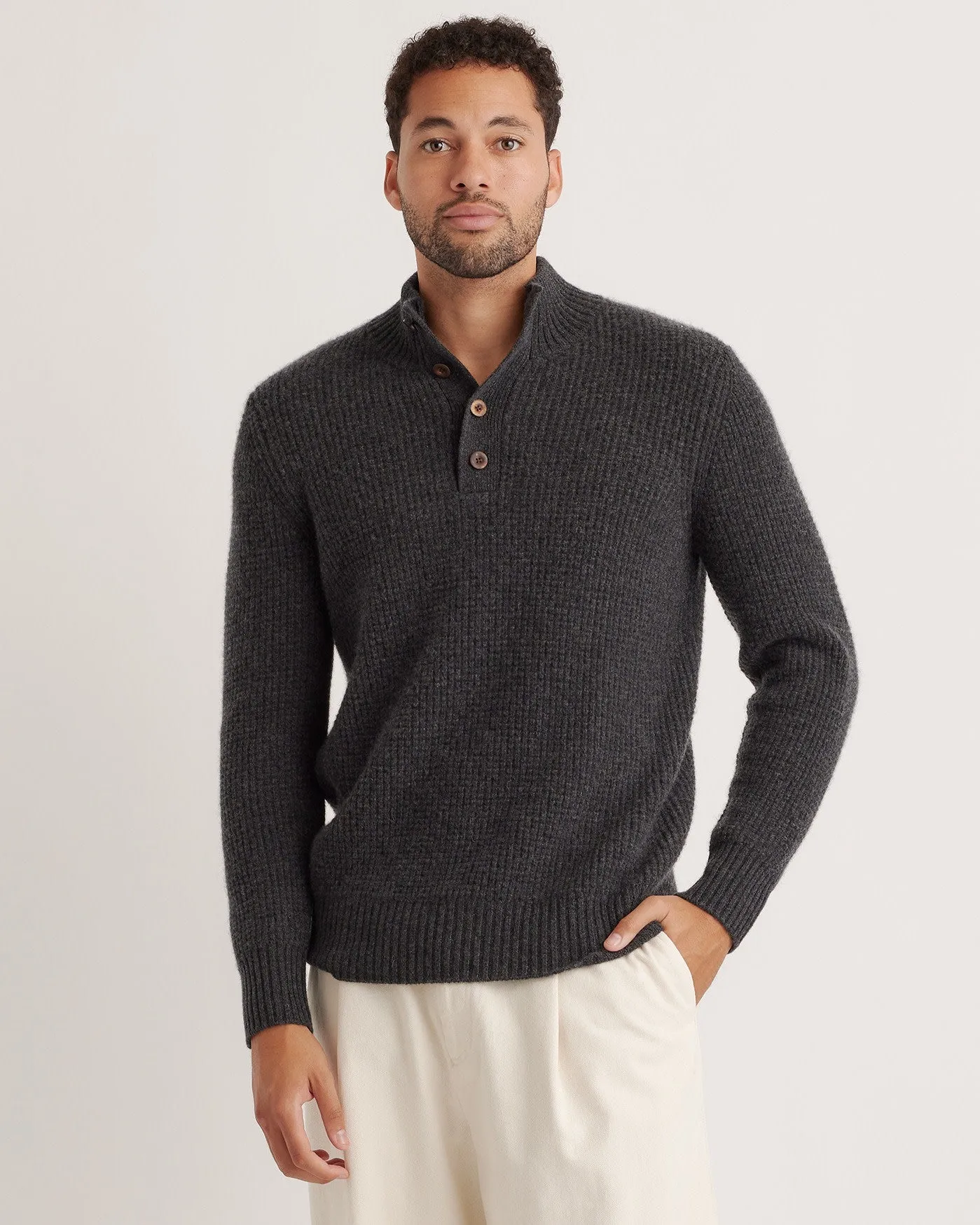 Mongolian Cashmere Waffle Quarter Button Sweater