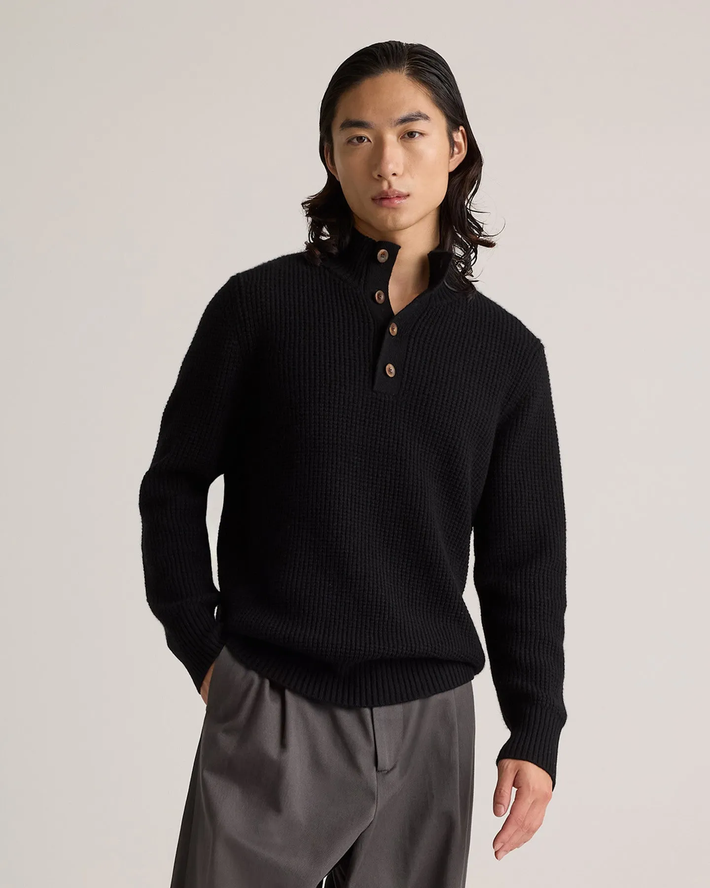 Mongolian Cashmere Waffle Quarter Button Sweater