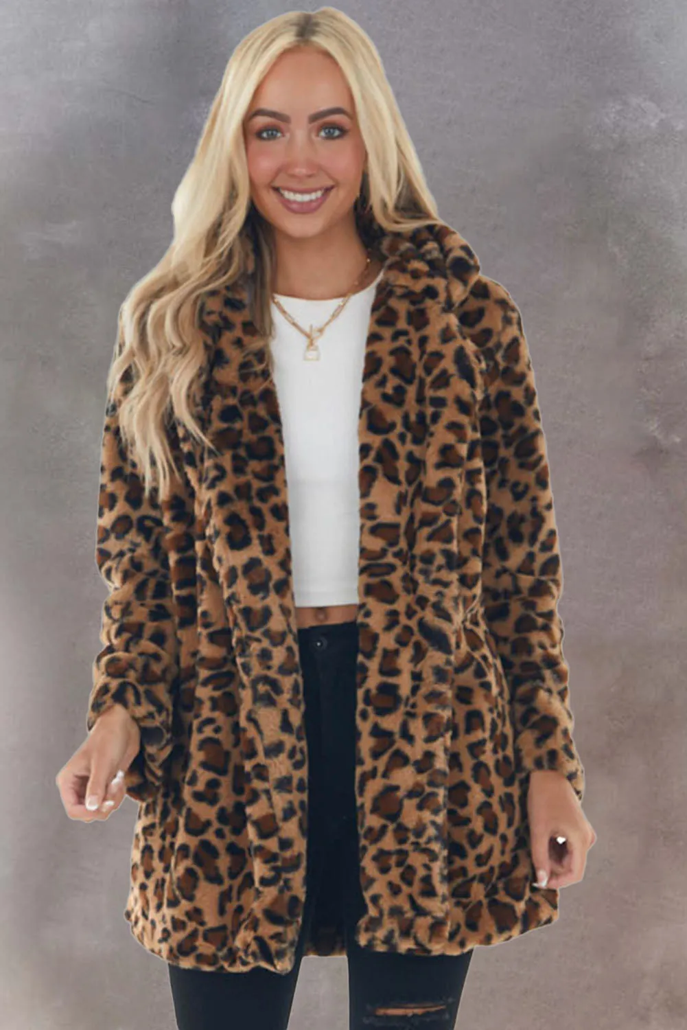 Notch Collar Long Faux Fur Coat with Pockets