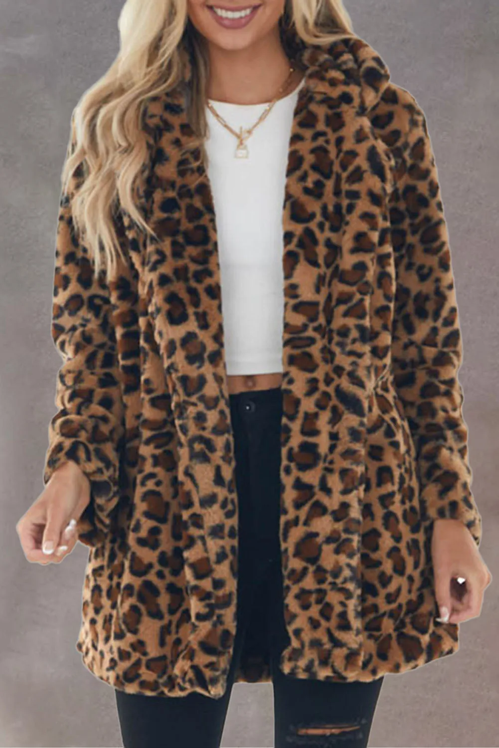 Notch Collar Long Faux Fur Coat with Pockets