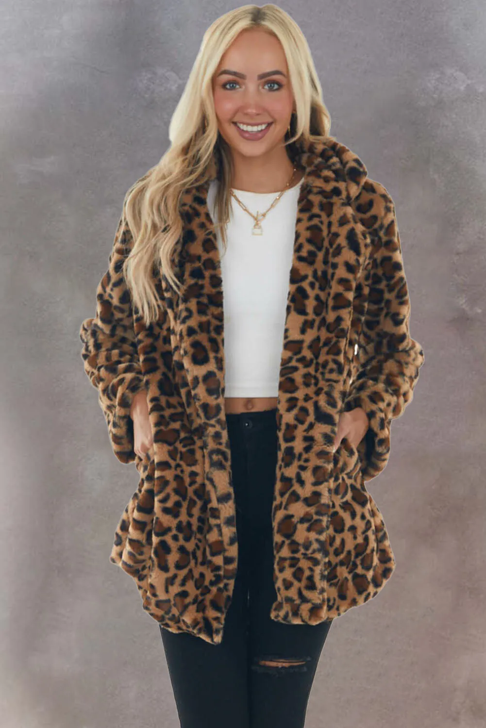 Notch Collar Long Faux Fur Coat with Pockets