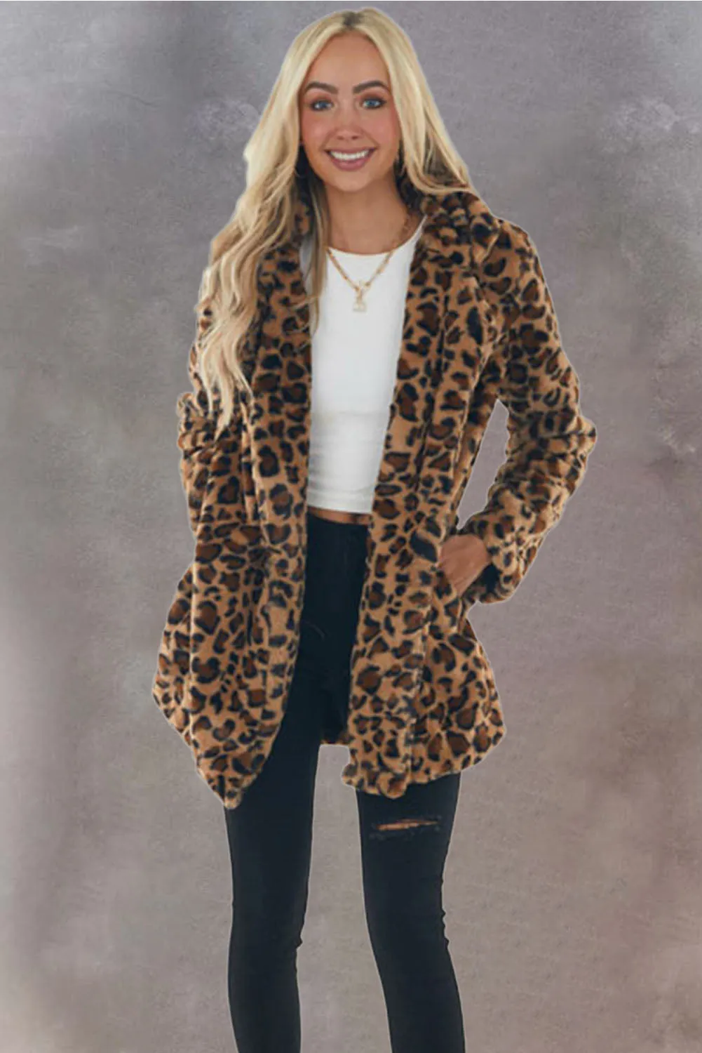 Notch Collar Long Faux Fur Coat with Pockets
