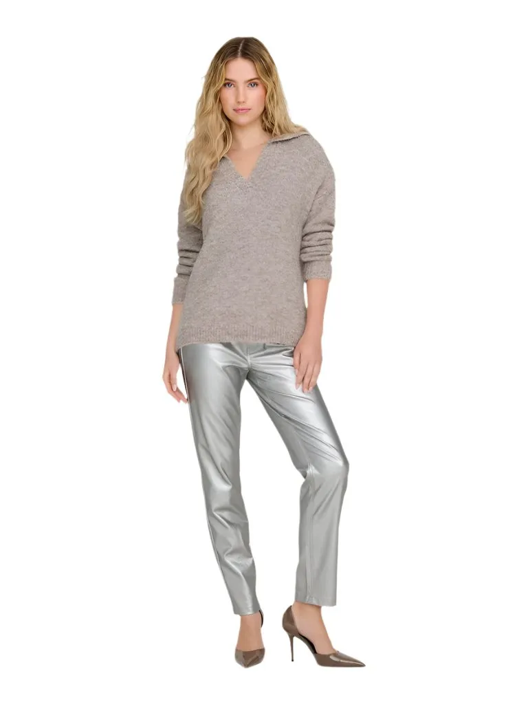 Only Womens Pant Emily HW Faux Metal Silver