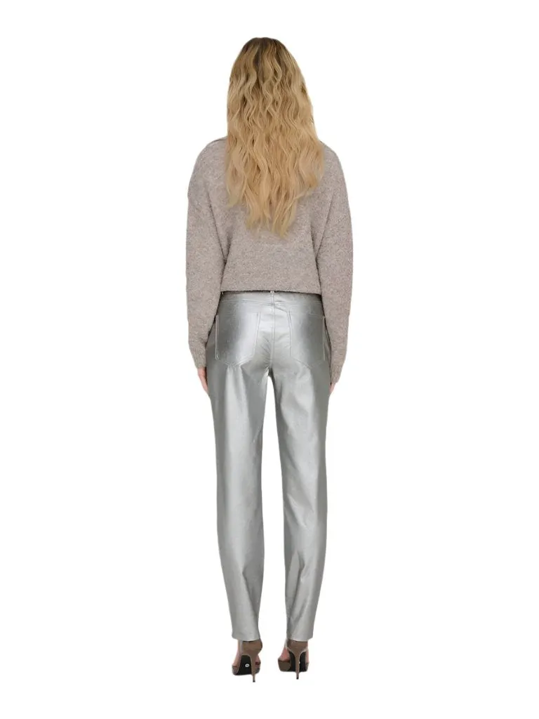 Only Womens Pant Emily HW Faux Metal Silver