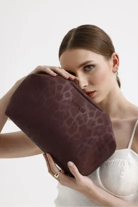 Plum Leopard Patterned Faux Leather Clutch Handbag