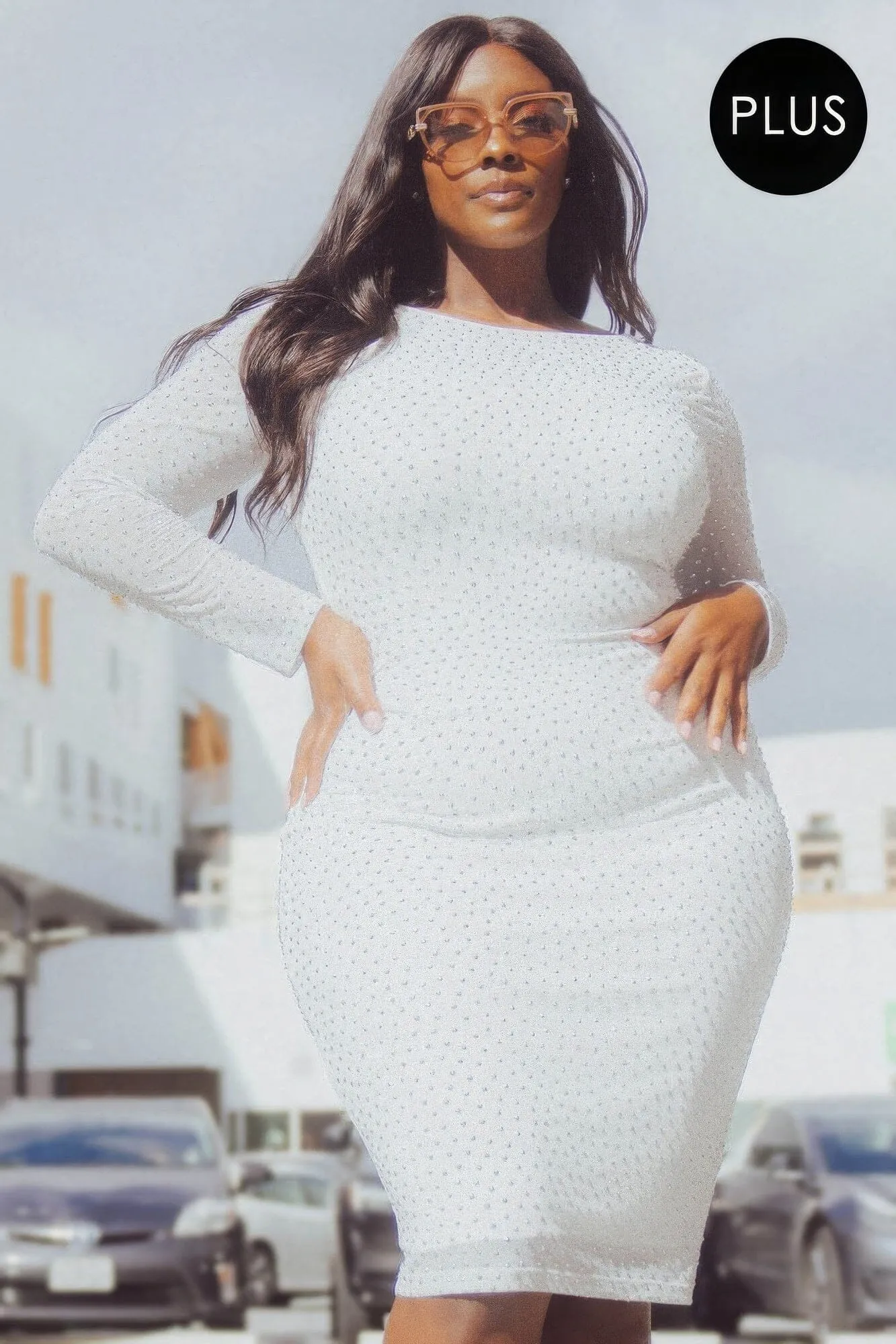 Plus Size Translucent Silver Rhinestone Midi Dress