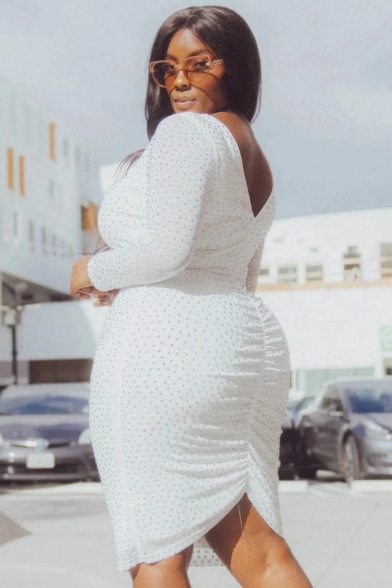 Plus Size Translucent Silver Rhinestone Midi Dress