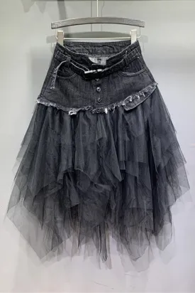 QC584 Ruffles Mesh Denim Skirt