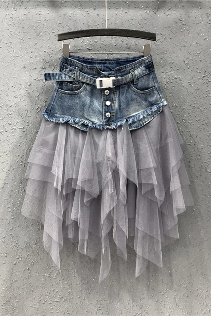 QC584 Ruffles Mesh Denim Skirt