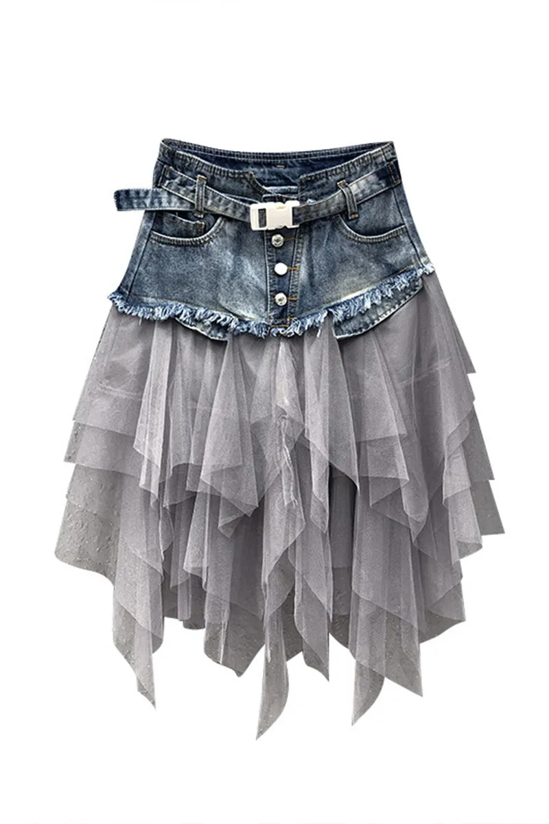 QC584 Ruffles Mesh Denim Skirt