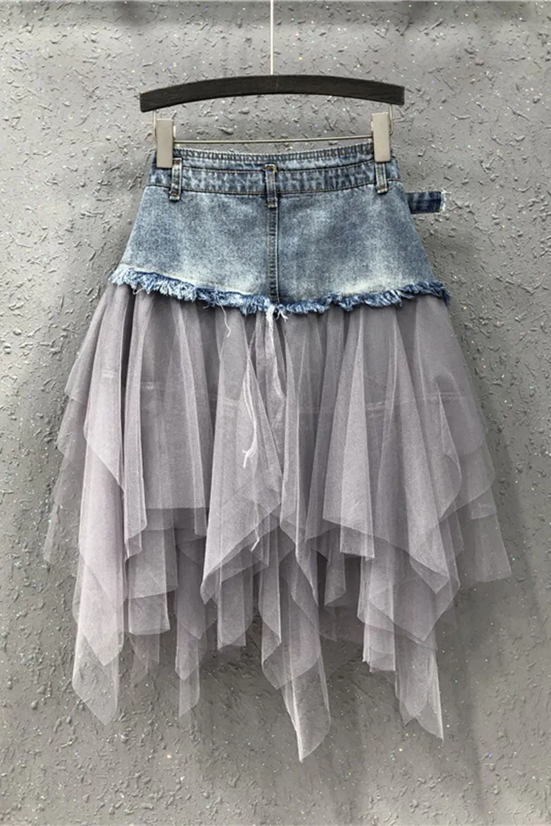 QC584 Ruffles Mesh Denim Skirt