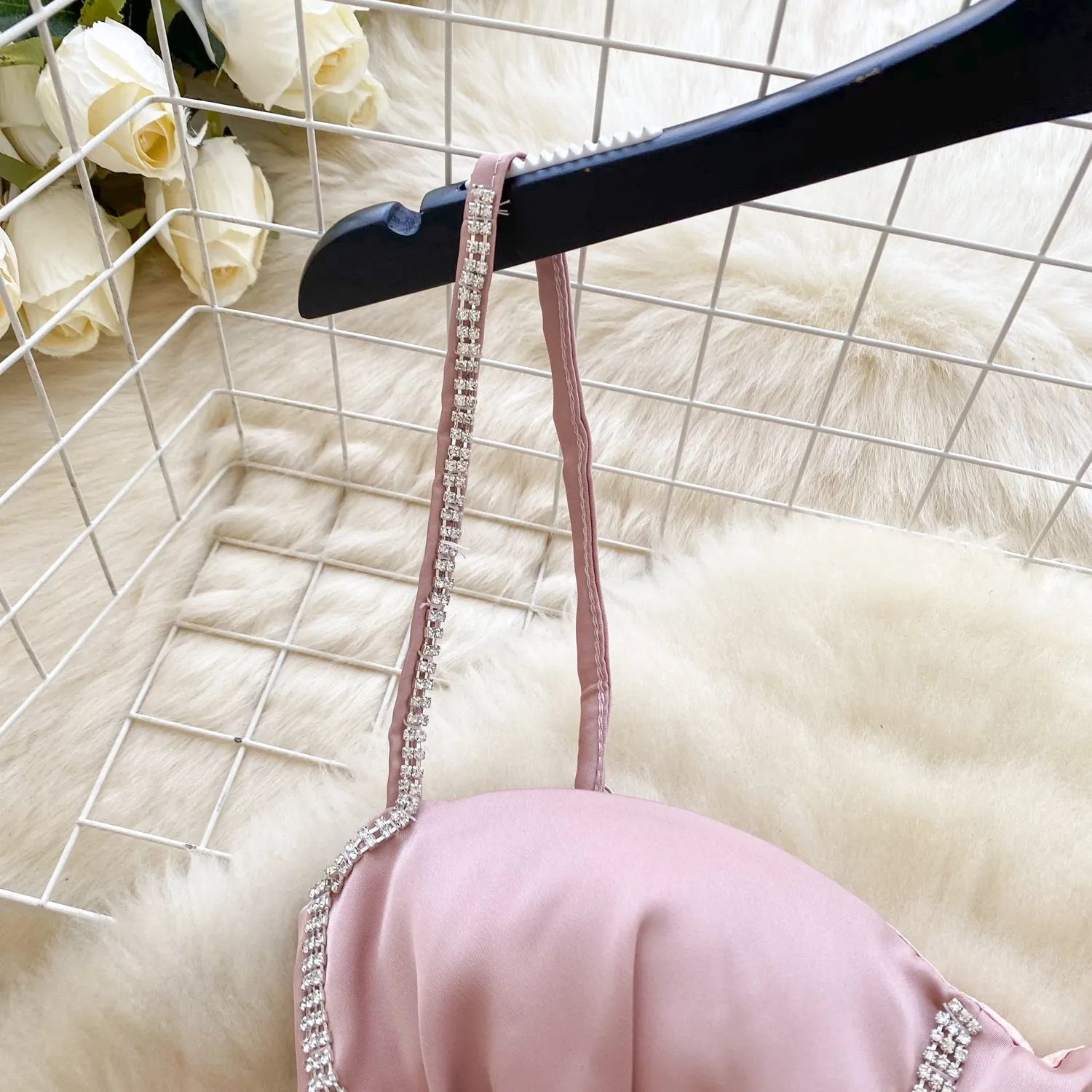 Rhinestone Studded Hollowed Pink Slip Dress