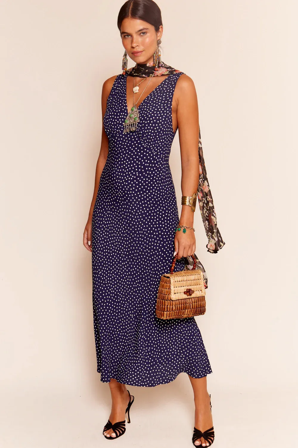 RIXO - Sandrine Dress in Navy Polka Dot