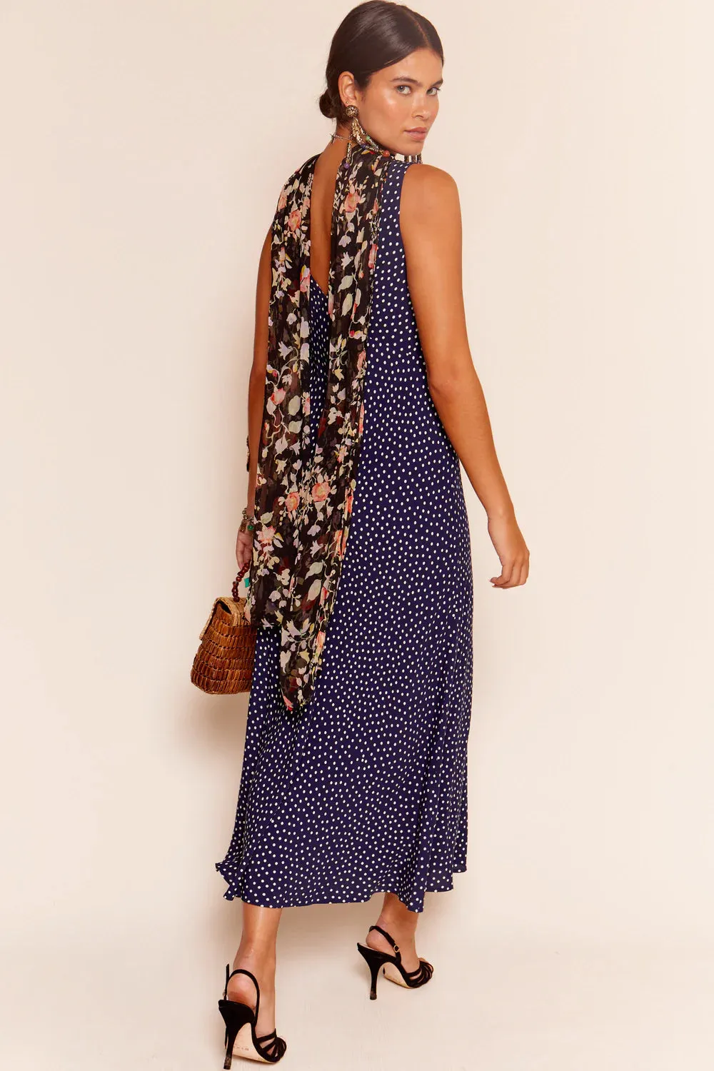 RIXO - Sandrine Dress in Navy Polka Dot