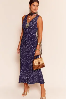 RIXO - Sandrine Dress in Navy Polka Dot