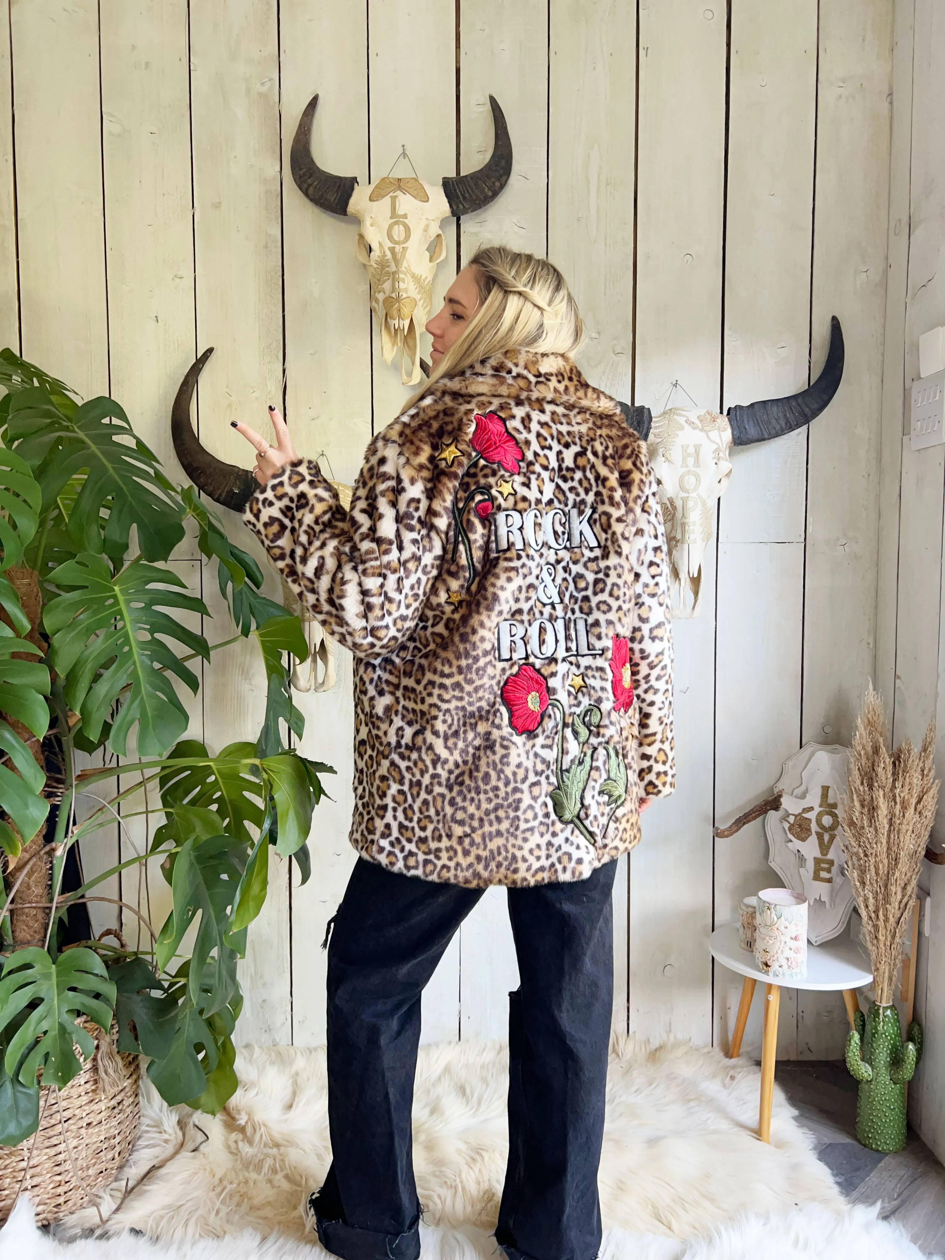 'Rock And Roll' Embroidered, Leopard Print, Faux Fur Coat