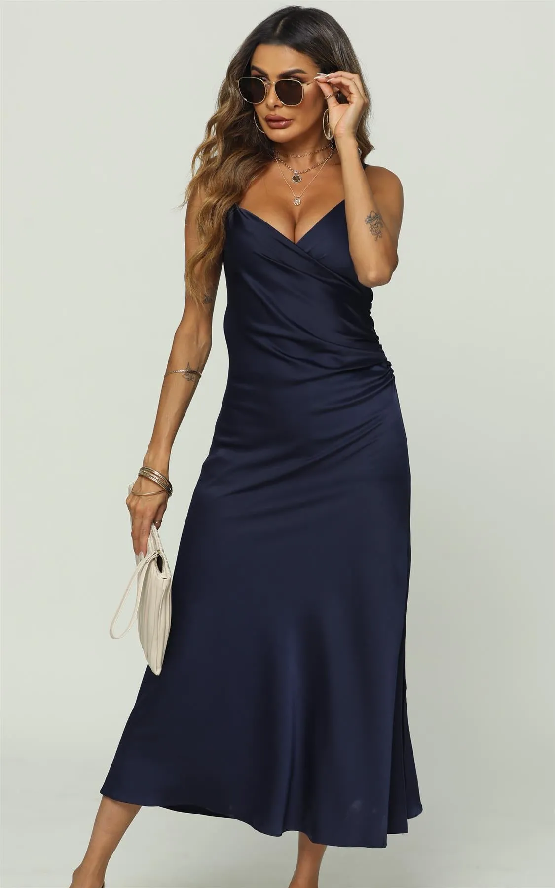 Satin Slip Cami Midi Dress In Navy