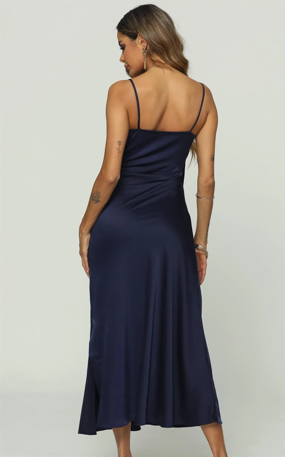 Satin Slip Cami Midi Dress In Navy