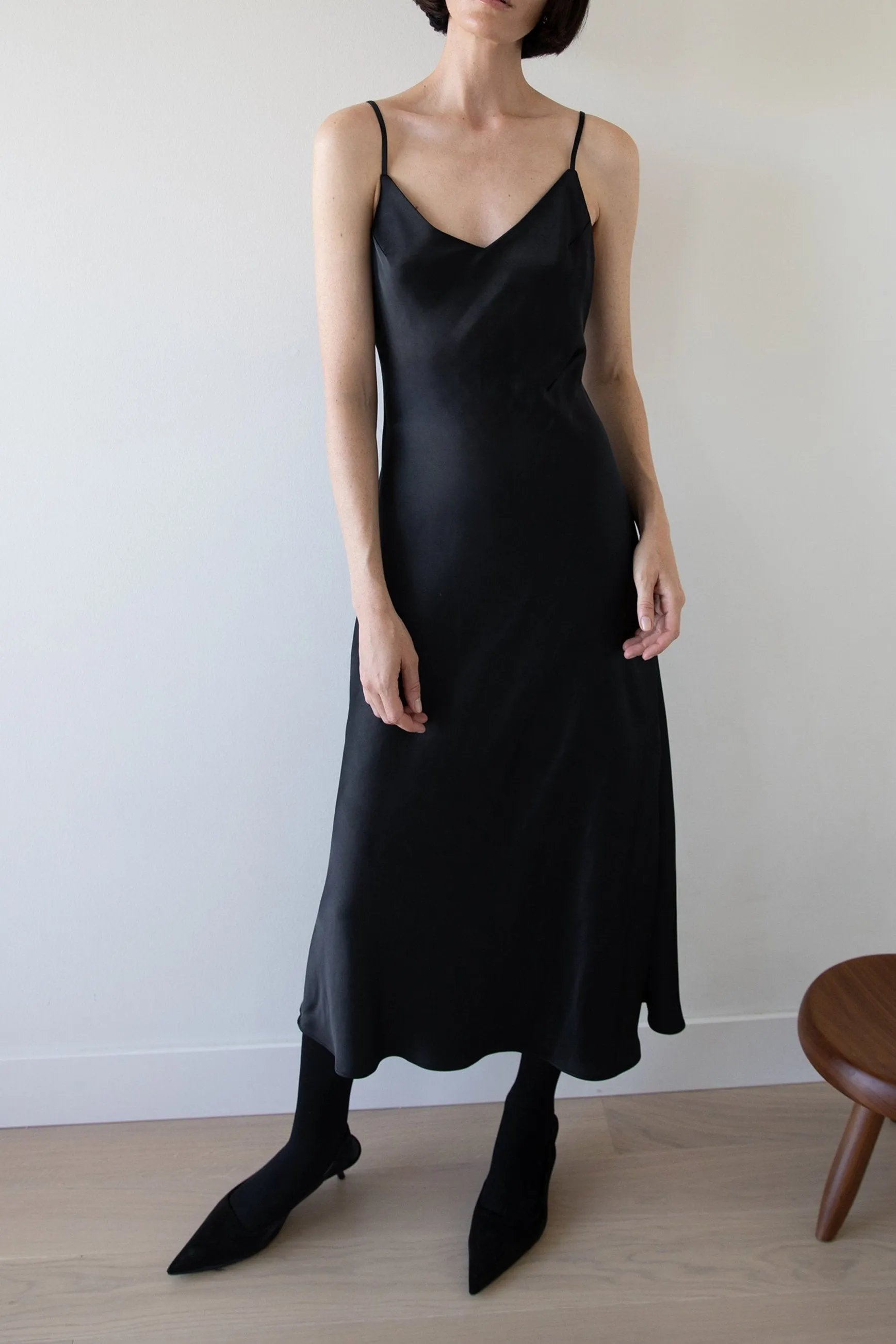 SATIN V-NECK SLIP MIDI DRESS