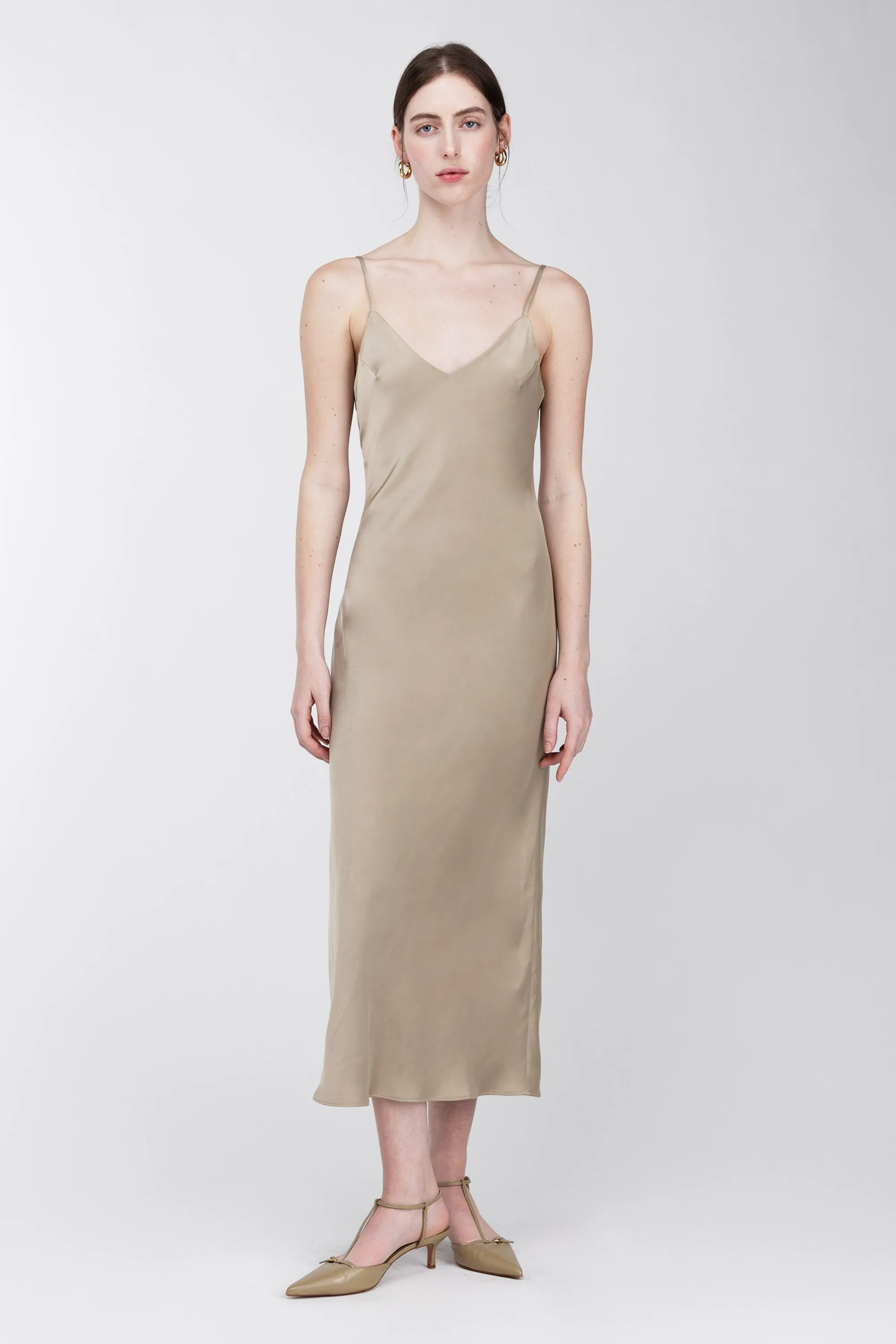SATIN V-NECK SLIP MIDI DRESS
