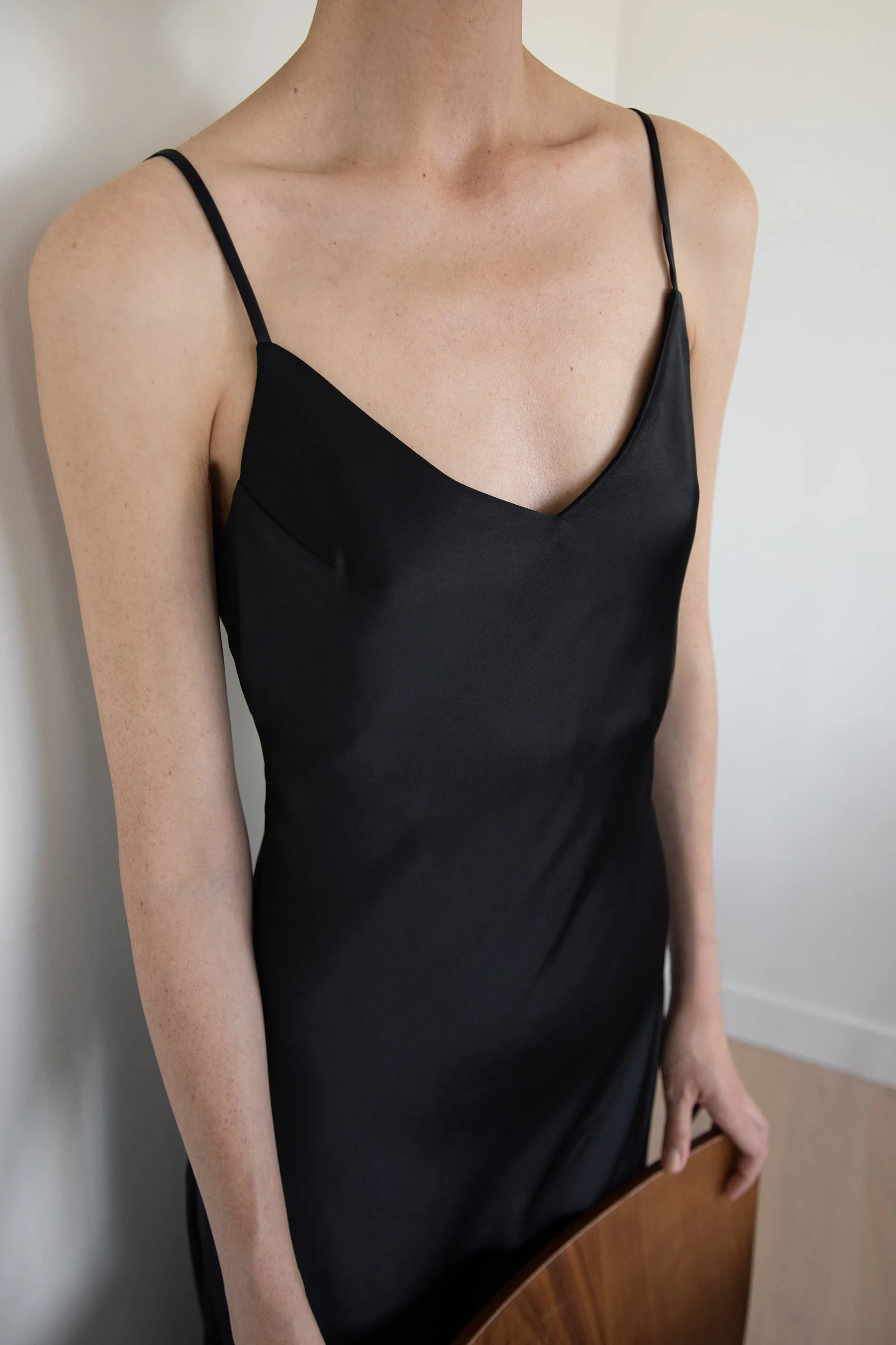 SATIN V-NECK SLIP MIDI DRESS
