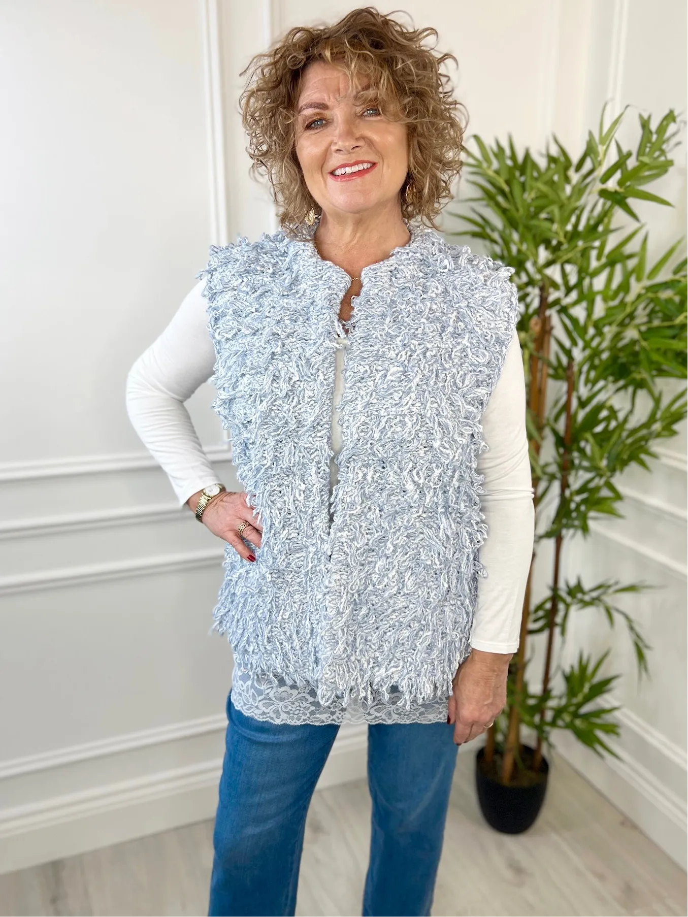 Shaggy Knit Waistcoat - Malissa J | Powdered Blue