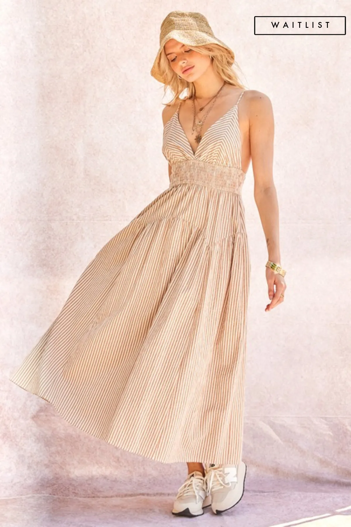 Waitlist 4/3 ♥ Kennedy Sleeveless Stripe Print Midi Dress Taupe
