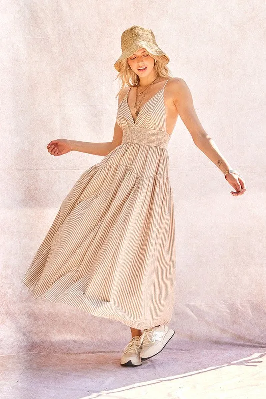Waitlist 4/3 ♥ Kennedy Sleeveless Stripe Print Midi Dress Taupe
