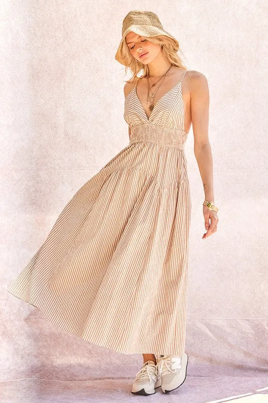 Waitlist 4/3 ♥ Kennedy Sleeveless Stripe Print Midi Dress Taupe