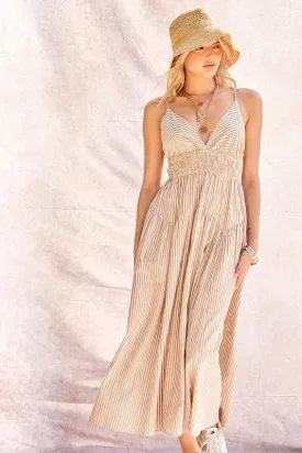 Waitlist 4/3 ♥ Kennedy Sleeveless Stripe Print Midi Dress Taupe