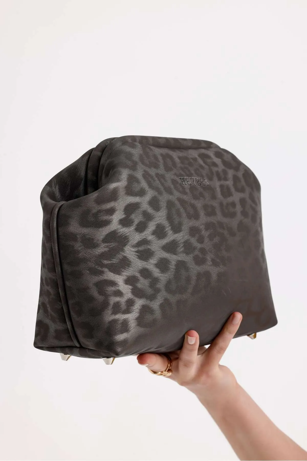 Women's Gray Leopard Patterned Faux Leather Clutch Handbag