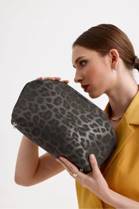 Women's Gray Leopard Patterned Faux Leather Clutch Handbag