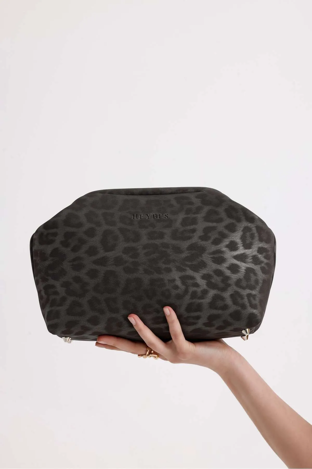 Women's Gray Leopard Patterned Faux Leather Clutch Handbag