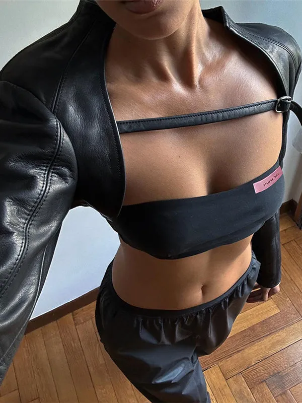 ZASUWA Female Sexy Glossy PU Faux Leather 2-piece Crop Top Long Sleeves
