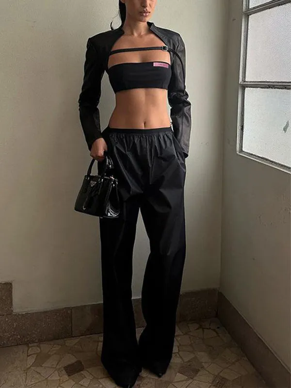 ZASUWA Female Sexy Glossy PU Faux Leather 2-piece Crop Top Long Sleeves